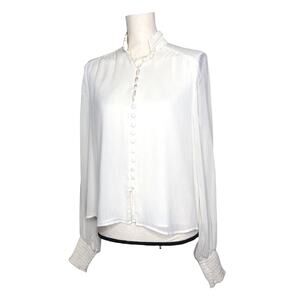 Anthropologie Blouse Victorian High Neck Billowing Button Up Gauze Ivory White